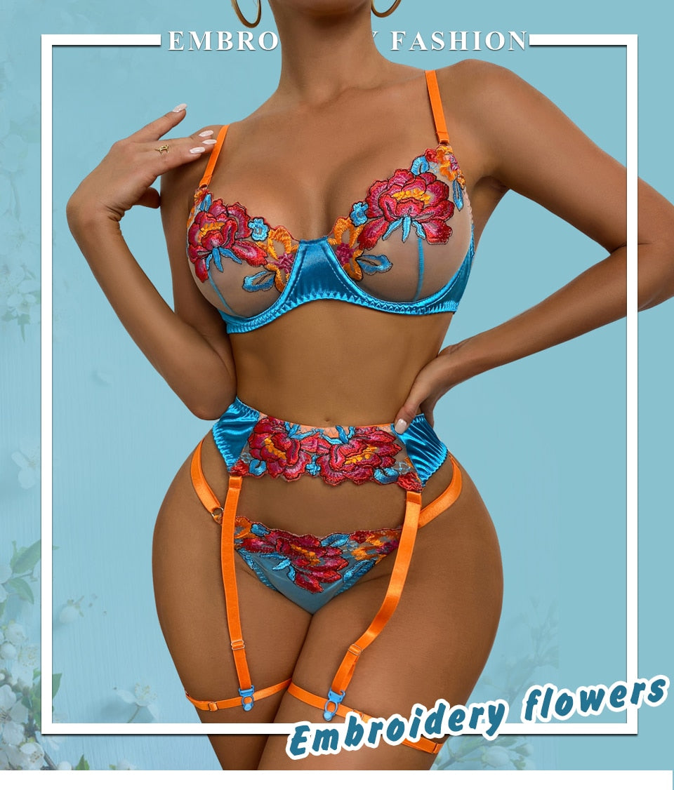 3 Piece Transparent Floral Lace Lingerie Set Garter Lace Blue Underwear Fancy Beautiful Thongs Breves Sets The Clothing Company Sydney