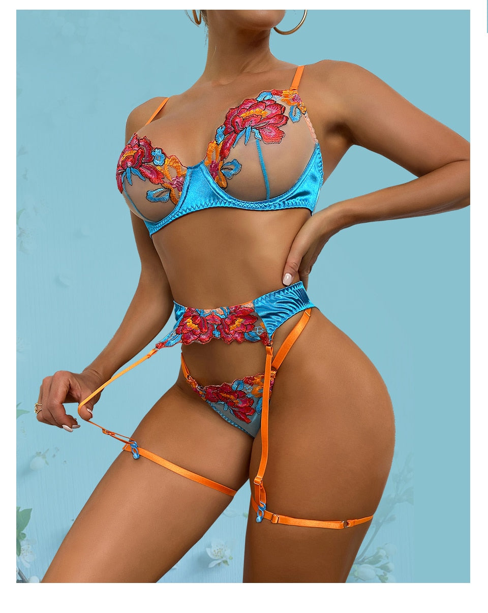 3 Piece Transparent Floral Lace Lingerie Set Garter Lace Blue Underwear Fancy Beautiful Thongs Breves Sets The Clothing Company Sydney