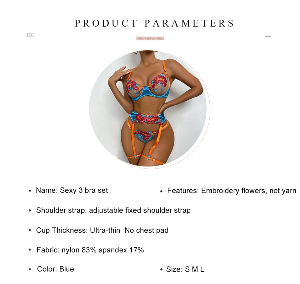 3 Piece Transparent Floral Lace Lingerie Set Garter Lace Blue Underwear Fancy Beautiful Thongs Breves Sets The Clothing Company Sydney