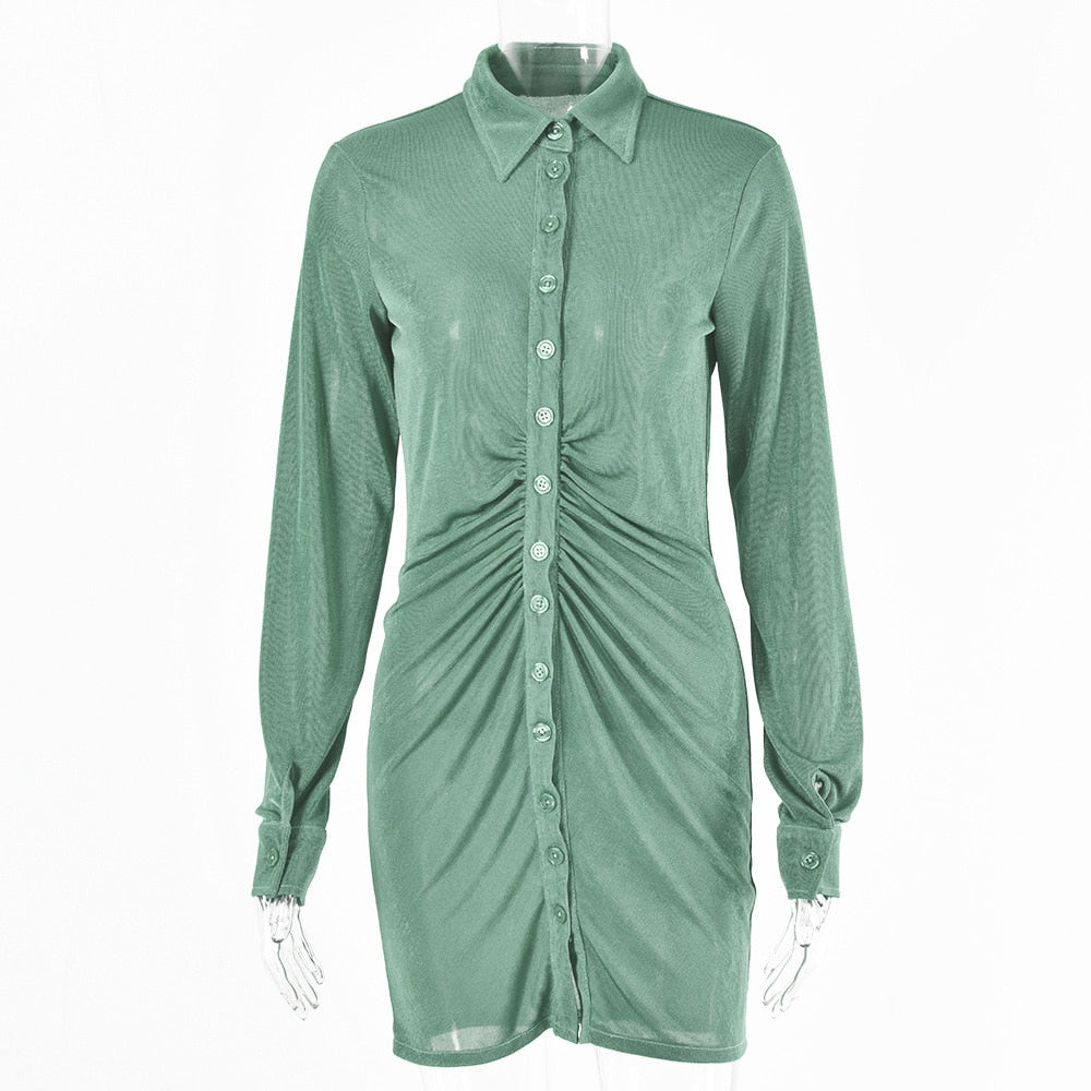 Turn-Down Collar Green Shirt Club Party Long Sleeve Button Mini Dress Spring Streetwear The Clothing Company Sydney