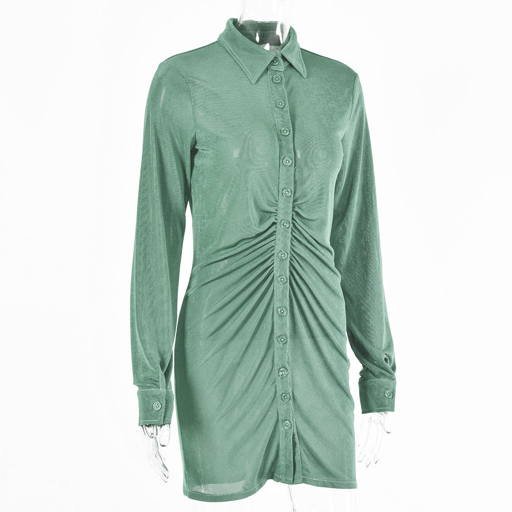 Turn-Down Collar Green Shirt Club Party Long Sleeve Button Mini Dress Spring Streetwear The Clothing Company Sydney