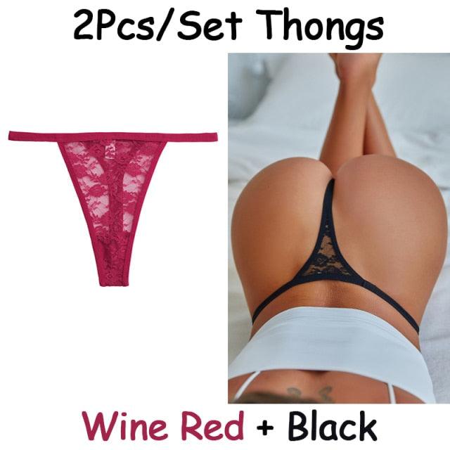 2 pack Floral Thongs Lace G-String Low Waist Panties Underwear Hollow Out T-Back Transparent Briefs The Clothing Company Sydney