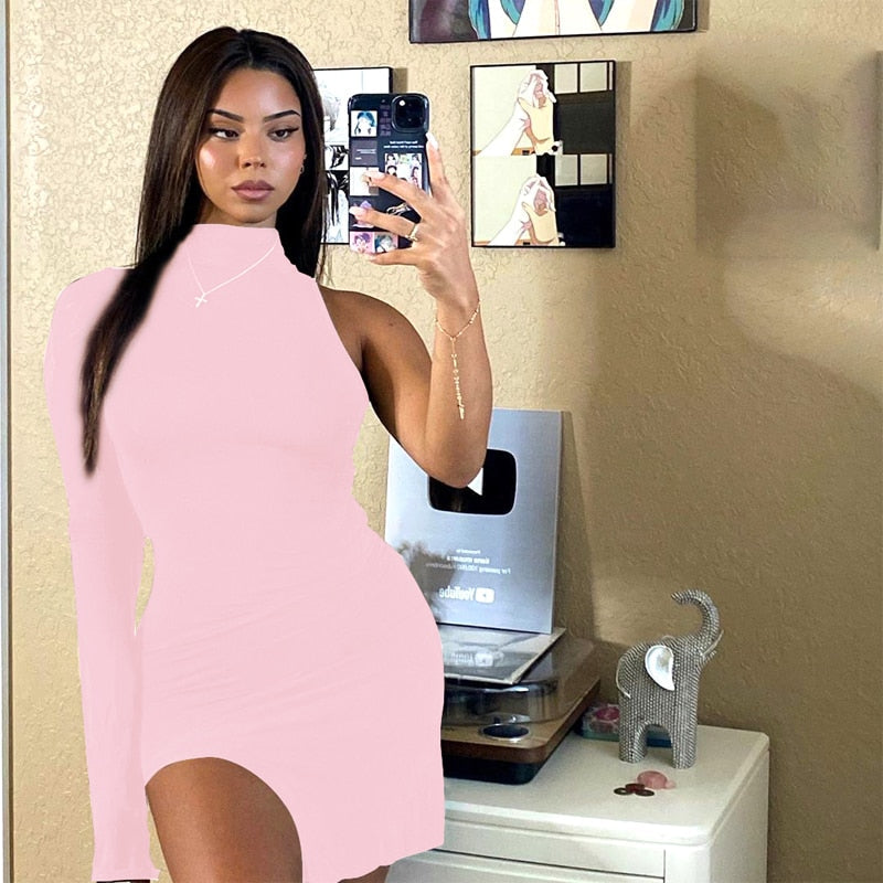Solid mini one shoulder long sleeve turtleneck bodycon slit streetwear party elegant Dress The Clothing Company Sydney