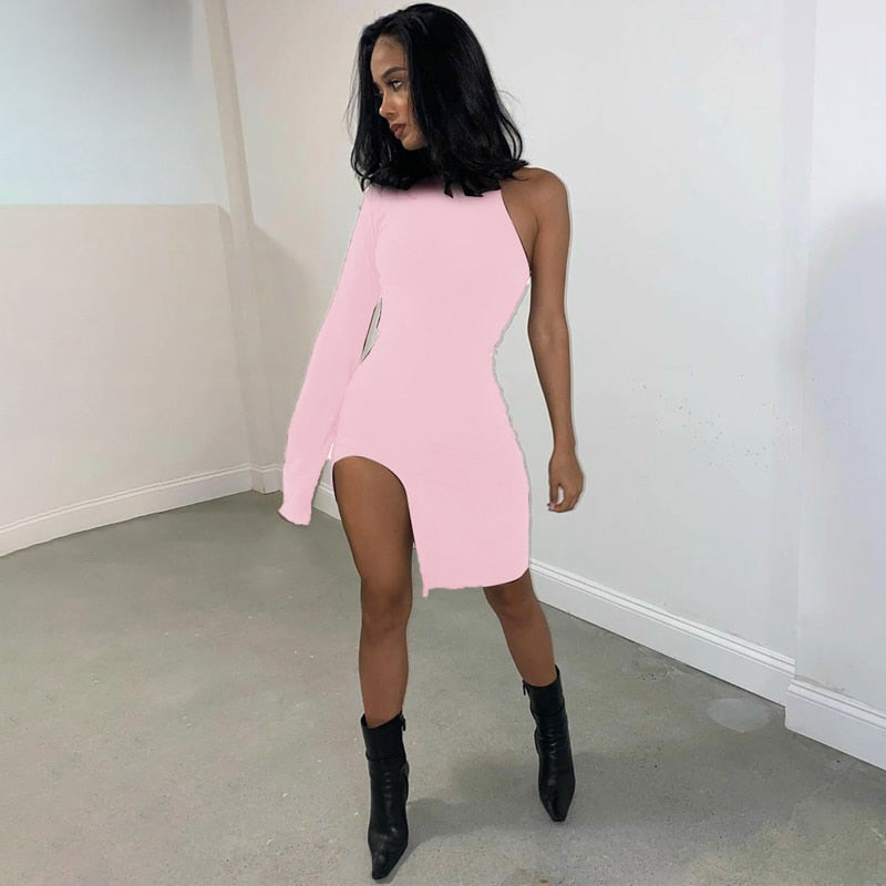 Solid mini one shoulder long sleeve turtleneck bodycon slit streetwear party elegant Dress The Clothing Company Sydney