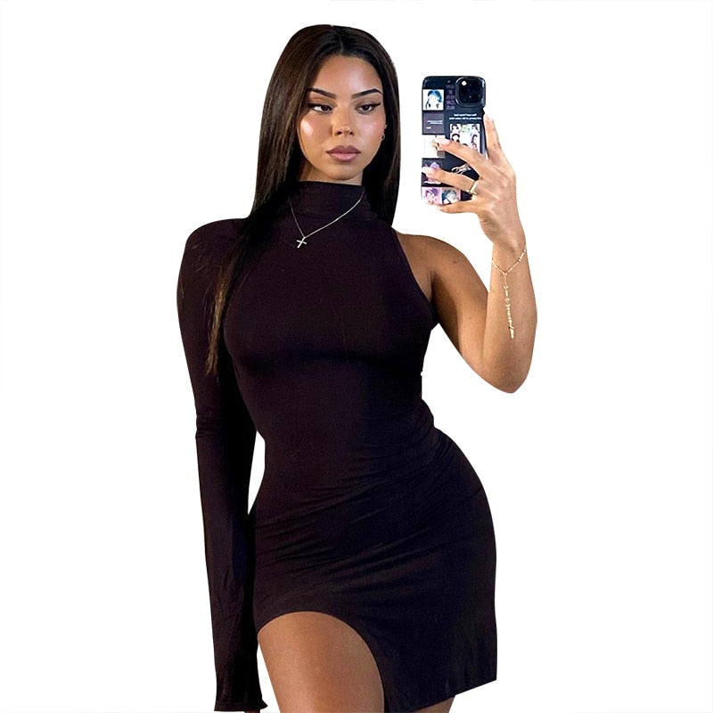 Solid mini one shoulder long sleeve turtleneck bodycon slit streetwear party elegant Dress The Clothing Company Sydney