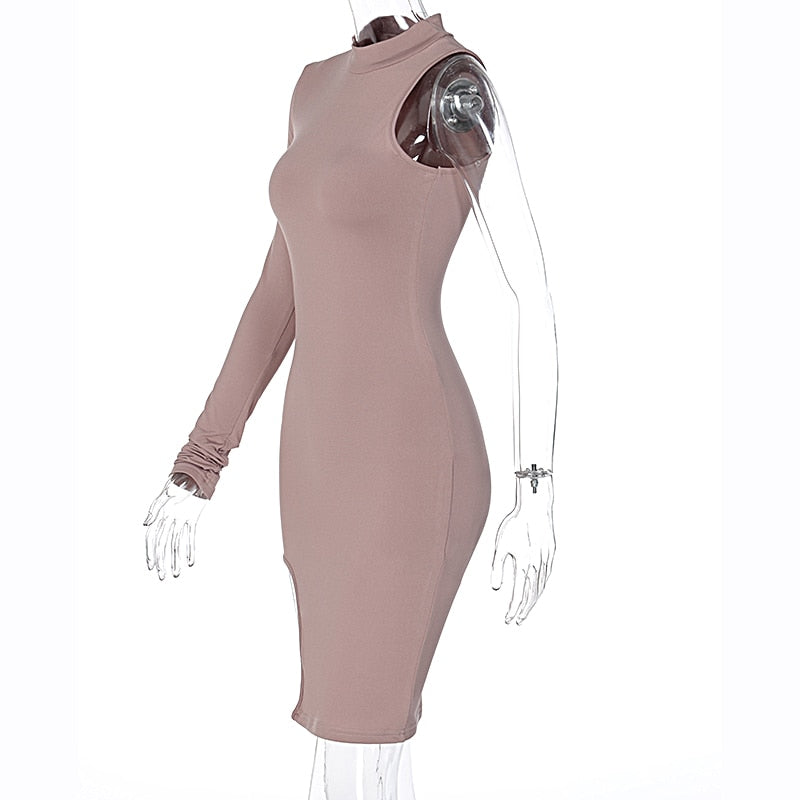 Solid mini one shoulder long sleeve turtleneck bodycon slit streetwear party elegant Dress The Clothing Company Sydney