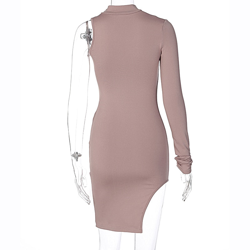 Solid mini one shoulder long sleeve turtleneck bodycon slit streetwear party elegant Dress The Clothing Company Sydney
