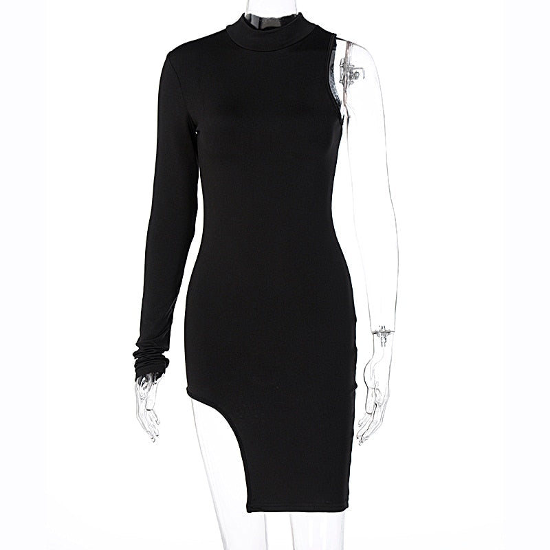 Solid mini one shoulder long sleeve turtleneck bodycon slit streetwear party elegant Dress The Clothing Company Sydney
