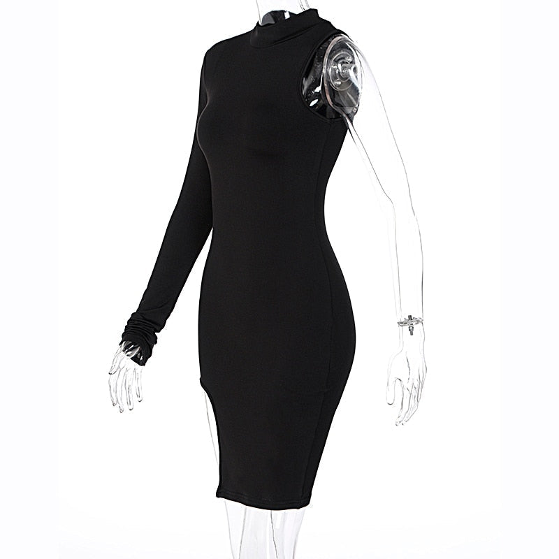 Solid mini one shoulder long sleeve turtleneck bodycon slit streetwear party elegant Dress The Clothing Company Sydney