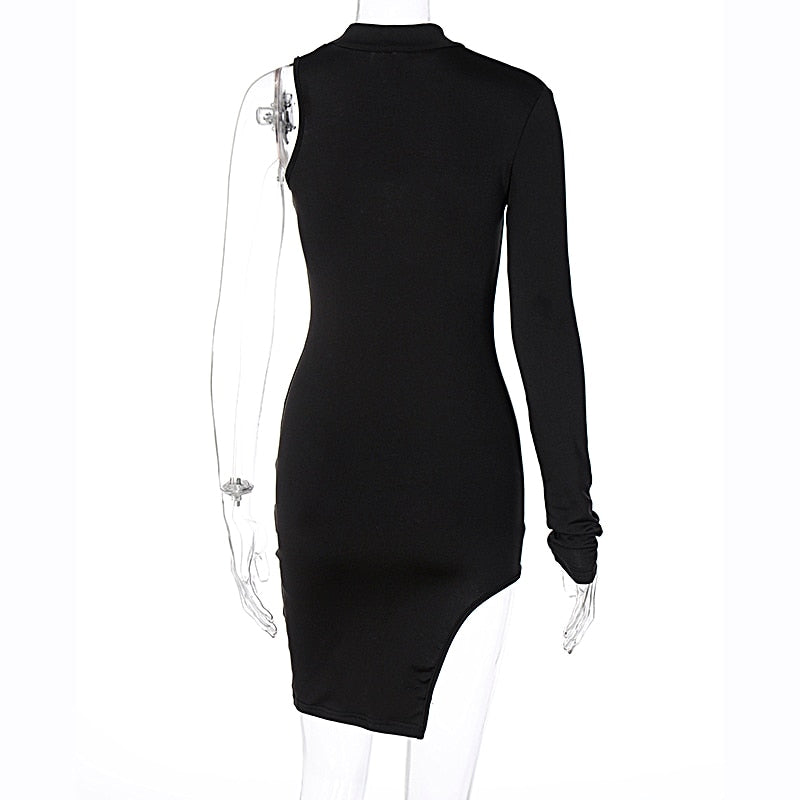 Solid mini one shoulder long sleeve turtleneck bodycon slit streetwear party elegant Dress The Clothing Company Sydney