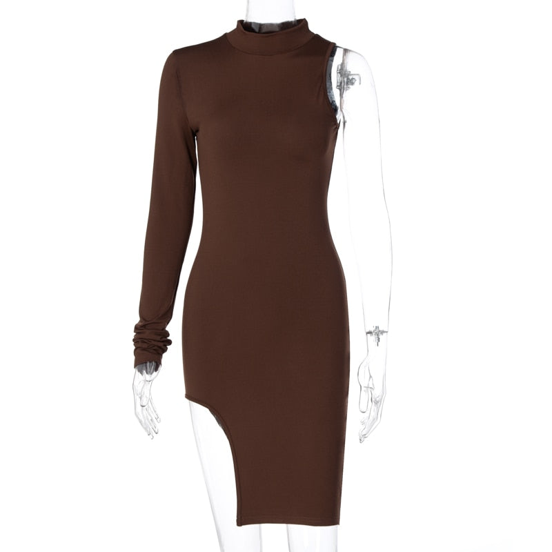 Solid mini one shoulder long sleeve turtleneck bodycon slit streetwear party elegant Dress The Clothing Company Sydney