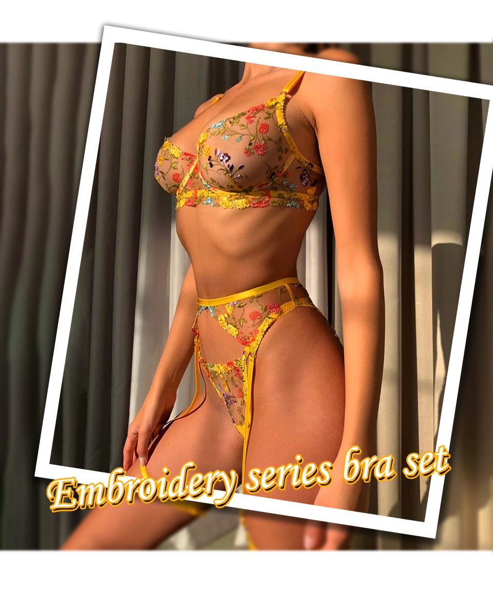 3-Piece  Embroidered Lingerie Garter Mesh Transparent Thong Underwear Set G-String Intimate Set The Clothing Company Sydney