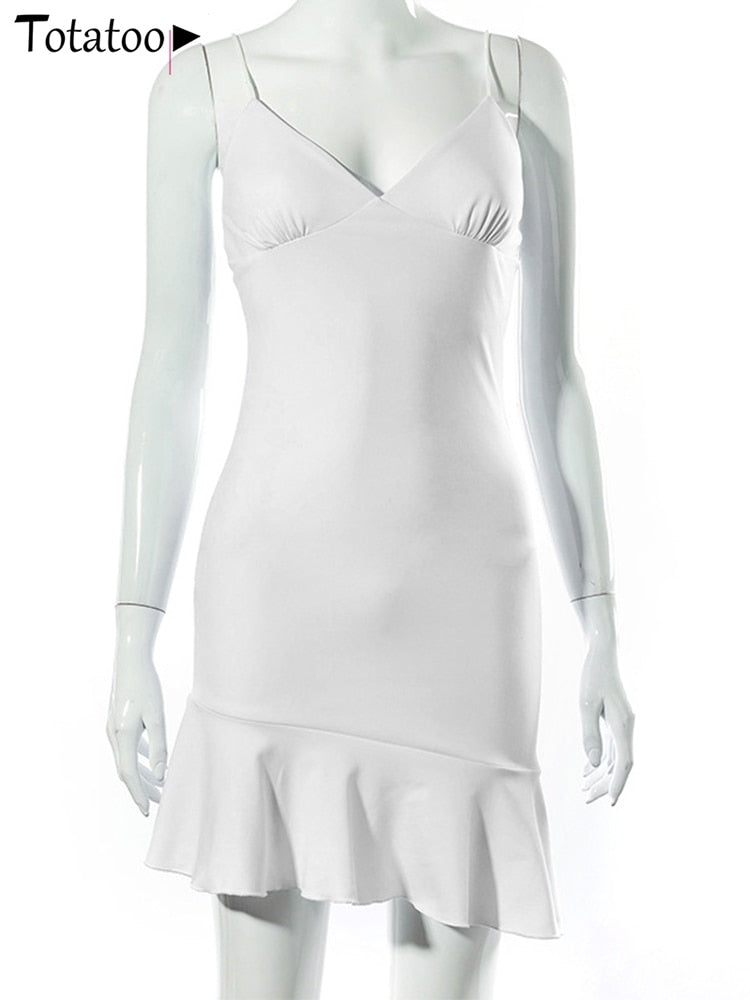 Elegant V Neck Ruffles Strap Bodycon Summer Sleeveless Office Lady Vintage Party White Dress The Clothing Company Sydney