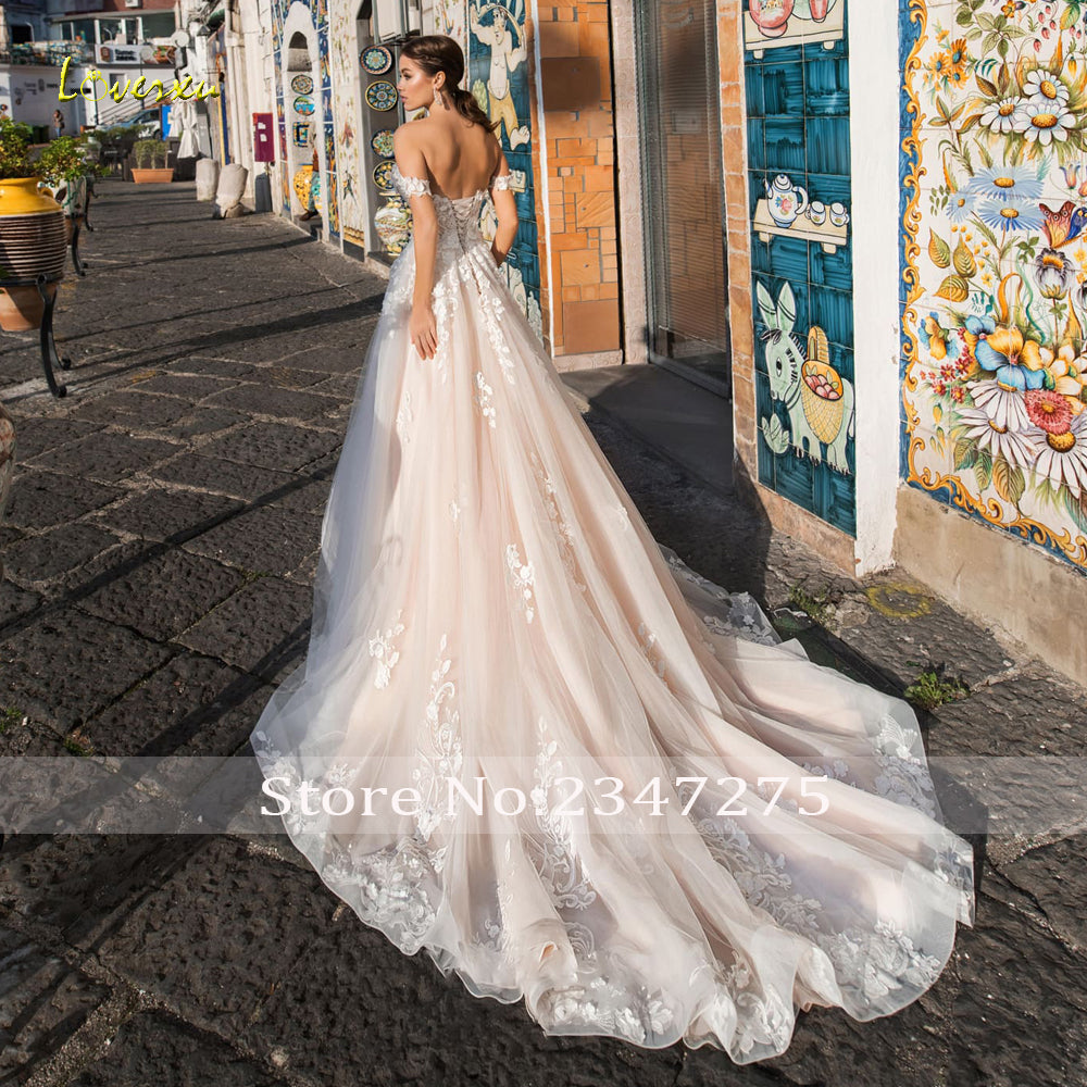 Backless Boat Neck Lace A Line Luxury Appliques Off The Shoulder Court Train Vintage Bridal Wedding Dress The Clothing Company Sydney