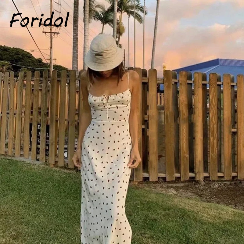 Strawberry Print White Chiffon Spaghetti Strap Vintage Boho Summer Beach Maxi Dress Sleeveless Sundress The Clothing Company Sydney