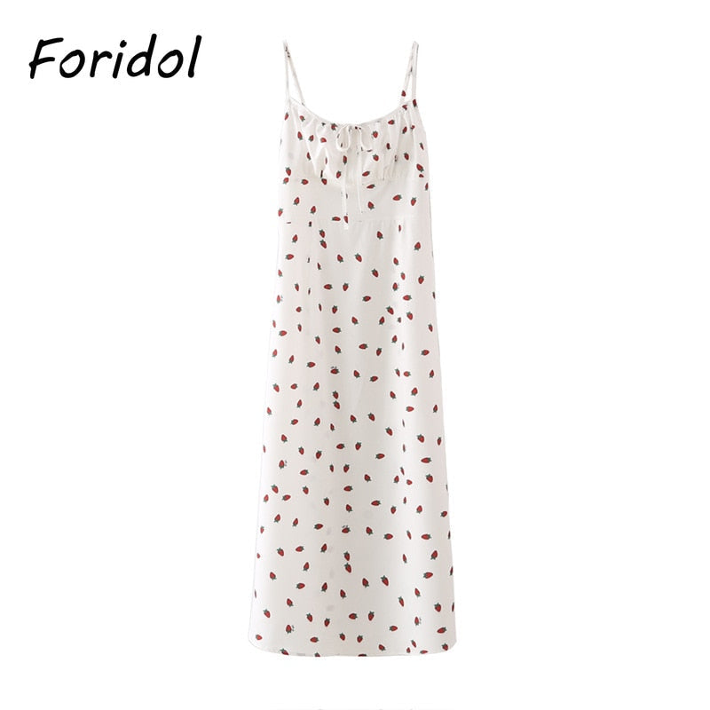 Strawberry Print White Chiffon Spaghetti Strap Vintage Boho Summer Beach Maxi Dress Sleeveless Sundress The Clothing Company Sydney