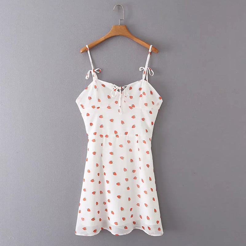 Strawberry Print White Chiffon Spaghetti Strap Vintage Boho Summer Beach Maxi Dress Sleeveless Sundress The Clothing Company Sydney