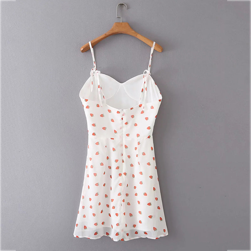 Strawberry Print White Chiffon Spaghetti Strap Vintage Boho Summer Beach Maxi Dress Sleeveless Sundress The Clothing Company Sydney