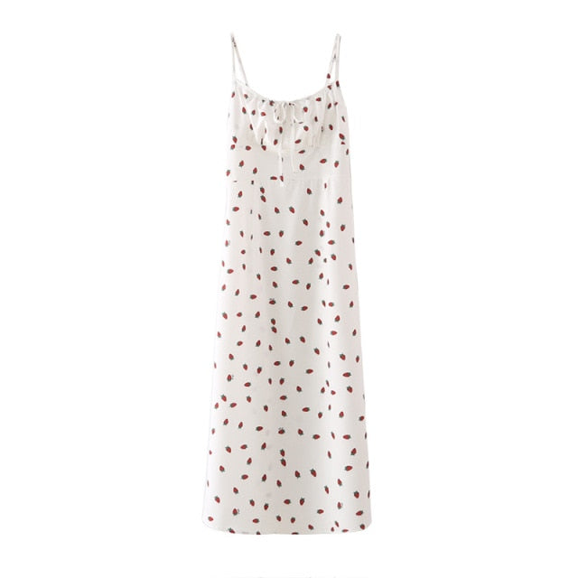 Strawberry Print White Chiffon Spaghetti Strap Vintage Boho Summer Beach Maxi Dress Sleeveless Sundress The Clothing Company Sydney