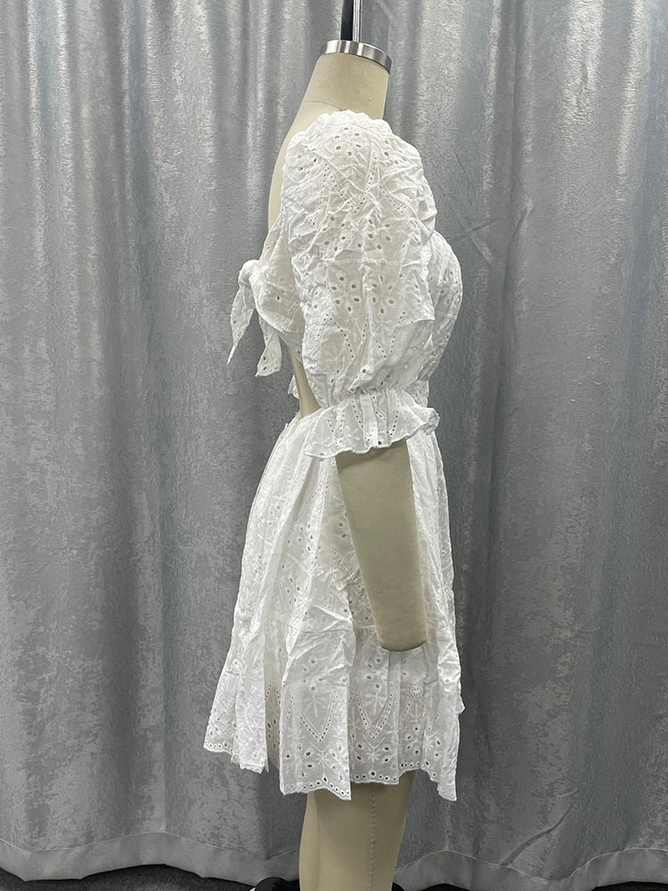 Cotton lace up hollow out summer white Holiday casual high waist ruffled mini dresses A-line frills Dress The Clothing Company Sydney