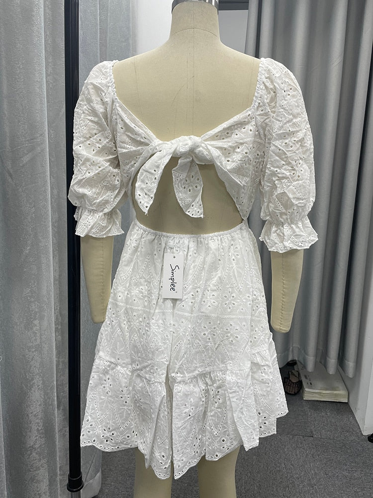Cotton lace up hollow out summer white Holiday casual high waist ruffled mini dresses A-line frills Dress The Clothing Company Sydney