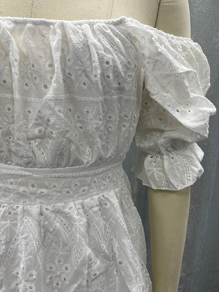 Cotton lace up hollow out summer white Holiday casual high waist ruffled mini dresses A-line frills Dress The Clothing Company Sydney