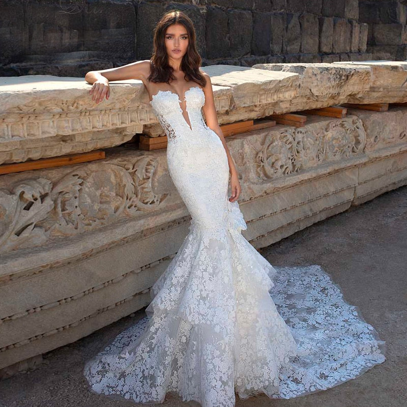 Charming Champagne Mermaid Sweetheart Appliques Train Lace Bridal Gown Corset Robe Custom Made Wedding Dresses The Clothing Company Sydney