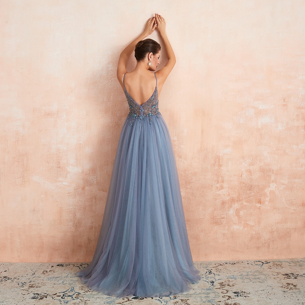 Spaghetti Straps Evening New Arrival V-Neck Rhinestones Beading Formal Prom Gowns with Slit Dresses The Clothing Company Sydney