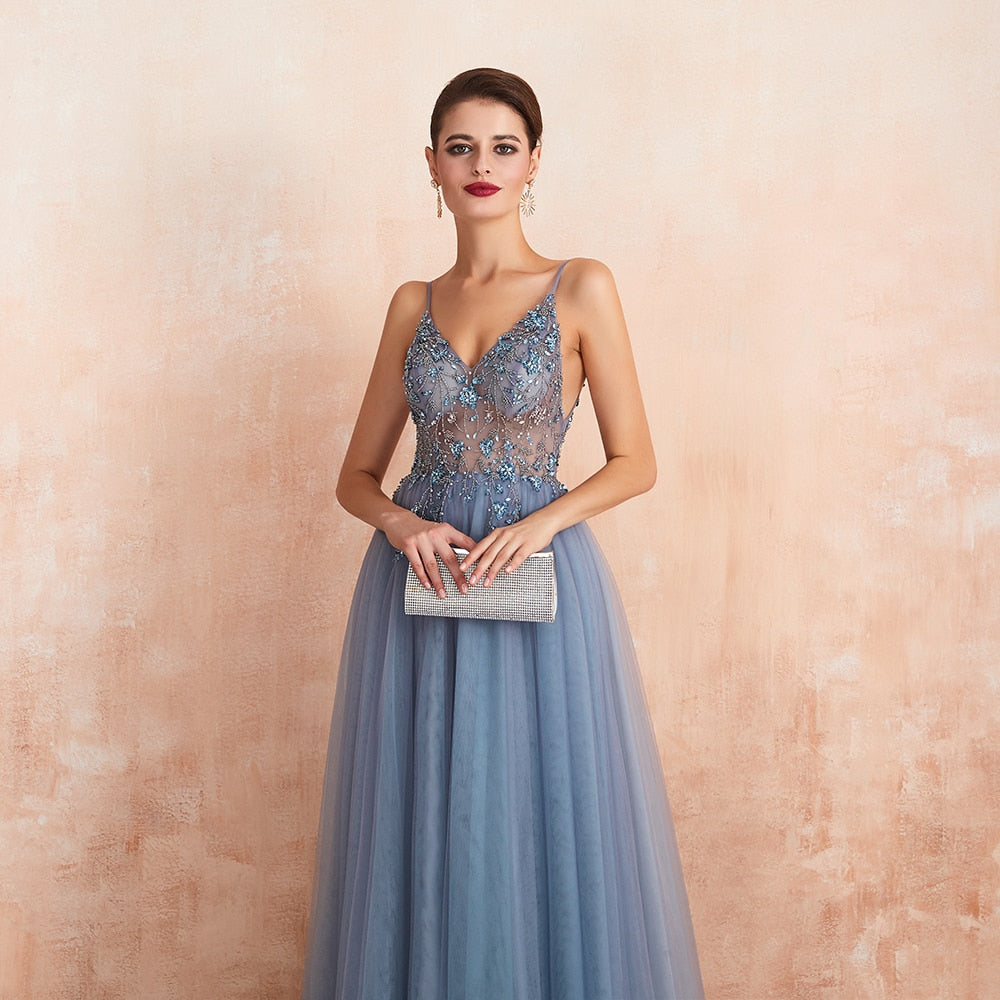 Spaghetti Straps Evening New Arrival V-Neck Rhinestones Beading Formal Prom Gowns with Slit Dresses The Clothing Company Sydney