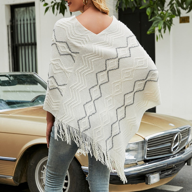 Autumn Winter Sweaters Poncho Knitting Capes Cloak Sweater V-Neck Irregular Hem Tassels Coat Striped Knitted Pullover The Clothing Company Sydney