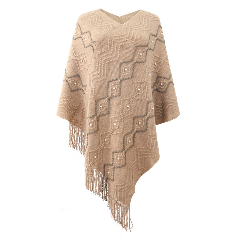 Autumn Winter Sweaters Poncho Knitting Capes Cloak Sweater V-Neck Irregular Hem Tassels Coat Striped Knitted Pullover The Clothing Company Sydney