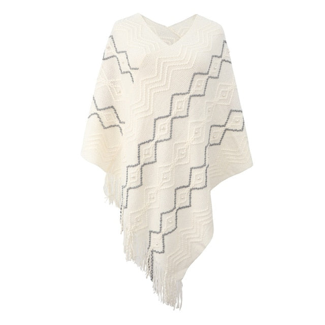 Autumn Winter Sweaters Poncho Knitting Capes Cloak Sweater V-Neck Irregular Hem Tassels Coat Striped Knitted Pullover The Clothing Company Sydney