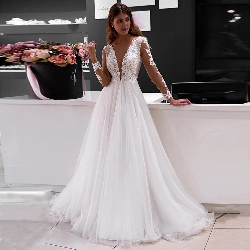 Lace Long Sleeve Sheer Illusion Neckline Boho Wedding Gowns Vintage Bride Wedding Dresses The Clothing Company Sydney