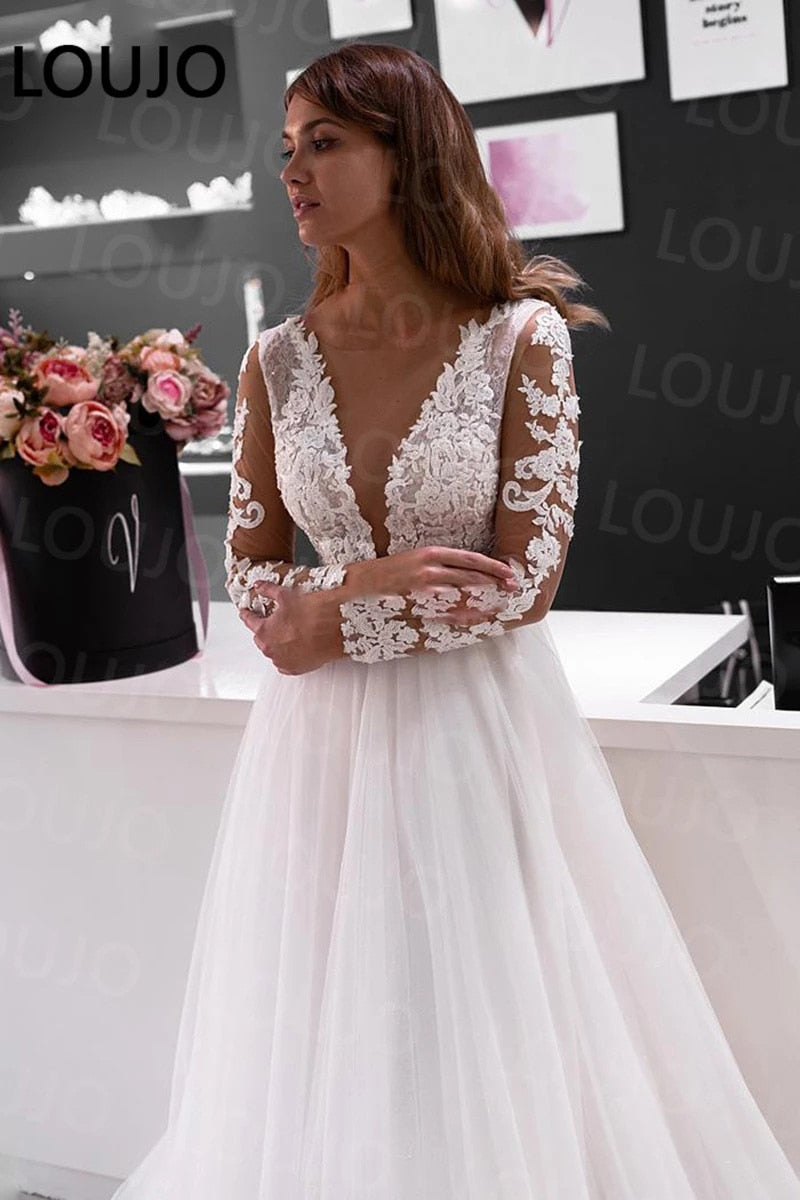 Lace Long Sleeve Sheer Illusion Neckline Boho Wedding Gowns Vintage Bride Wedding Dresses The Clothing Company Sydney