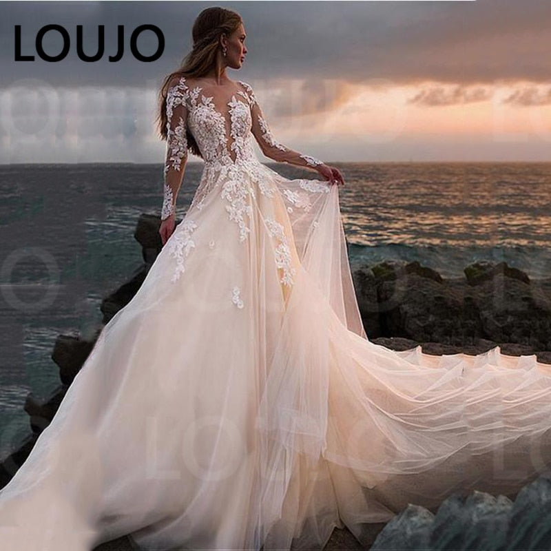 Lace Long Sleeve Sheer Illusion Neckline Boho Wedding Gowns Vintage Bride Wedding Dresses The Clothing Company Sydney