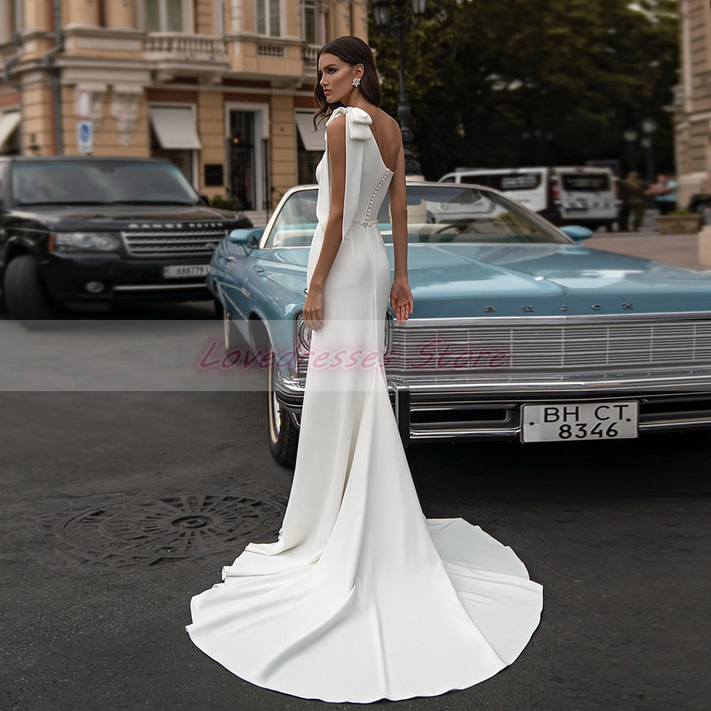 Elegant Sleeveless Mermaid Wedding Dresses Sweep Train Bows Sashes Square Collar Covered Button Bridal Gowns The Clothing Company Sydney