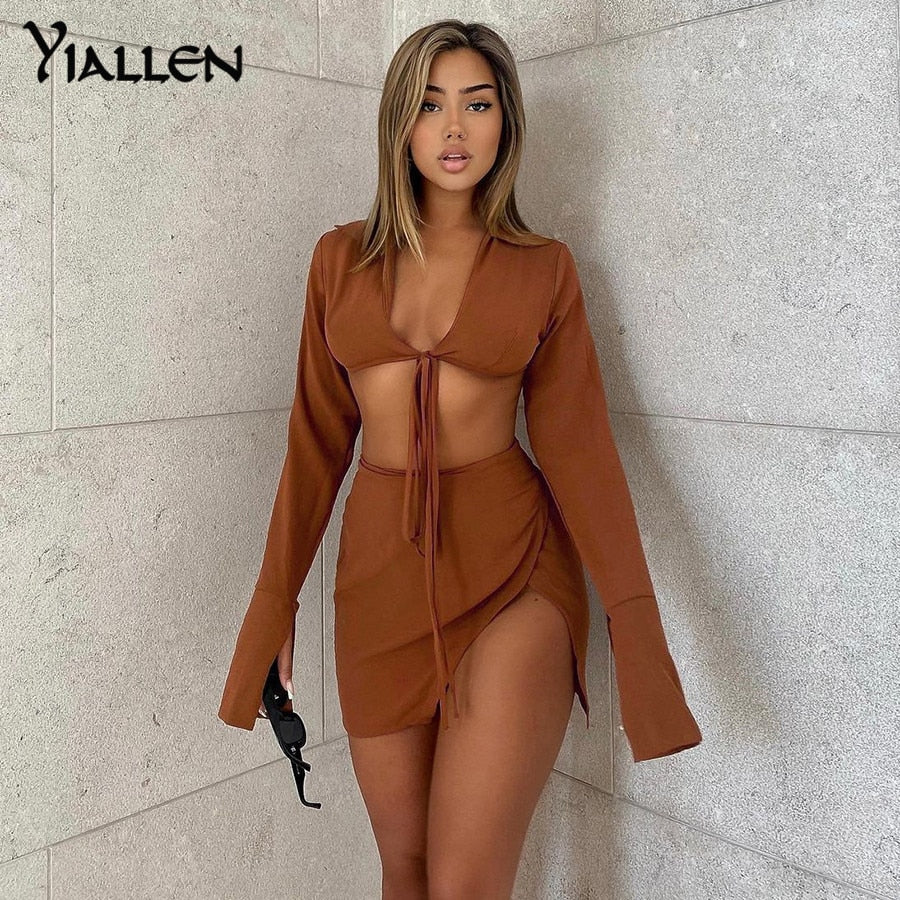 Summer  V Neck Long Sleeve Lace Up Short Top And High Waist Mini Skirt Sexy Street Two Piece Set The Clothing Company Sydney