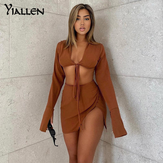 Summer  V Neck Long Sleeve Lace Up Short Top And High Waist Mini Skirt Sexy Street Two Piece Set The Clothing Company Sydney