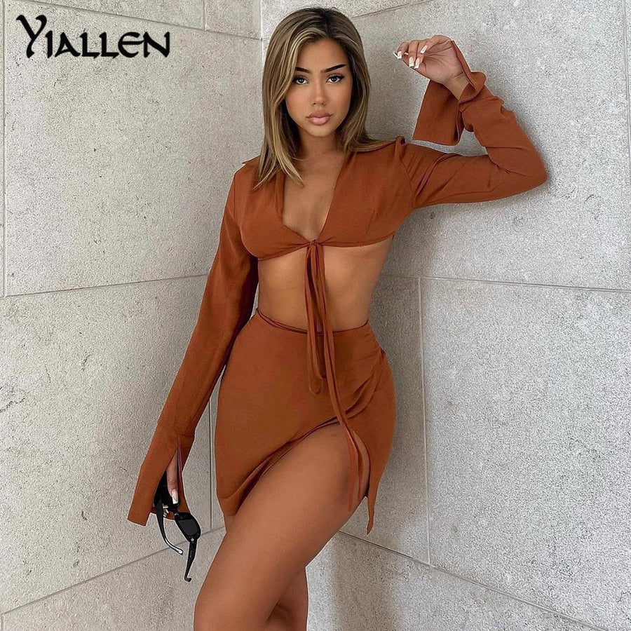 Summer  V Neck Long Sleeve Lace Up Short Top And High Waist Mini Skirt Sexy Street Two Piece Set The Clothing Company Sydney