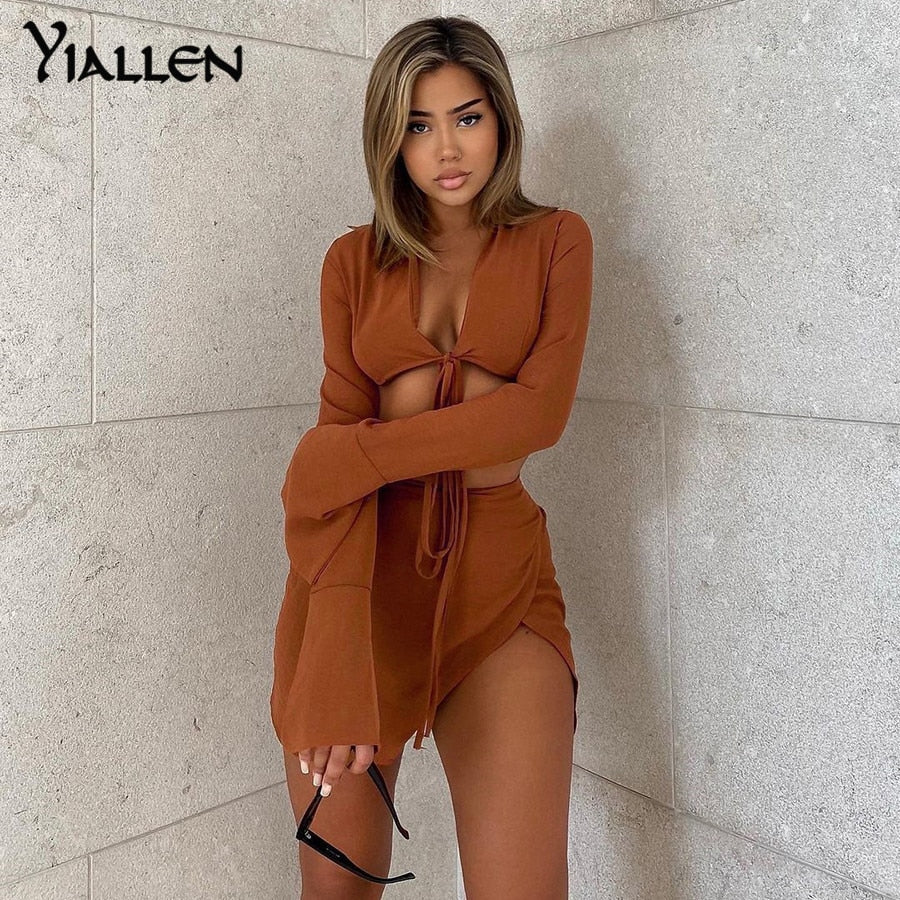 Summer  V Neck Long Sleeve Lace Up Short Top And High Waist Mini Skirt Sexy Street Two Piece Set The Clothing Company Sydney