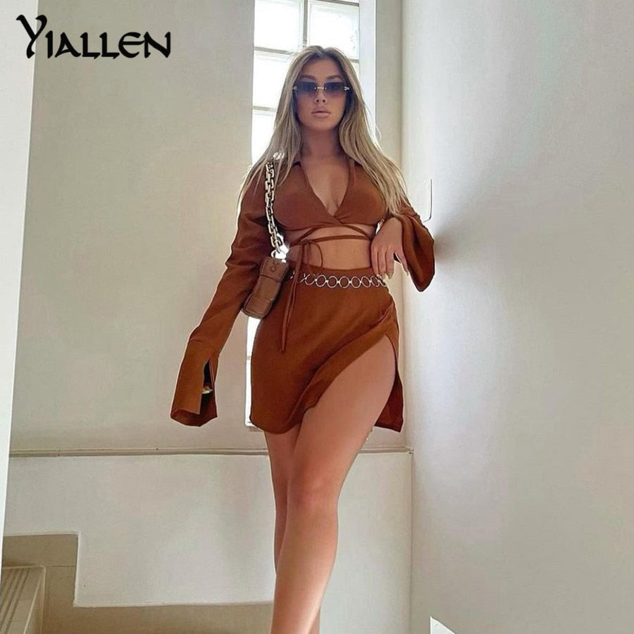 Summer  V Neck Long Sleeve Lace Up Short Top And High Waist Mini Skirt Sexy Street Two Piece Set The Clothing Company Sydney