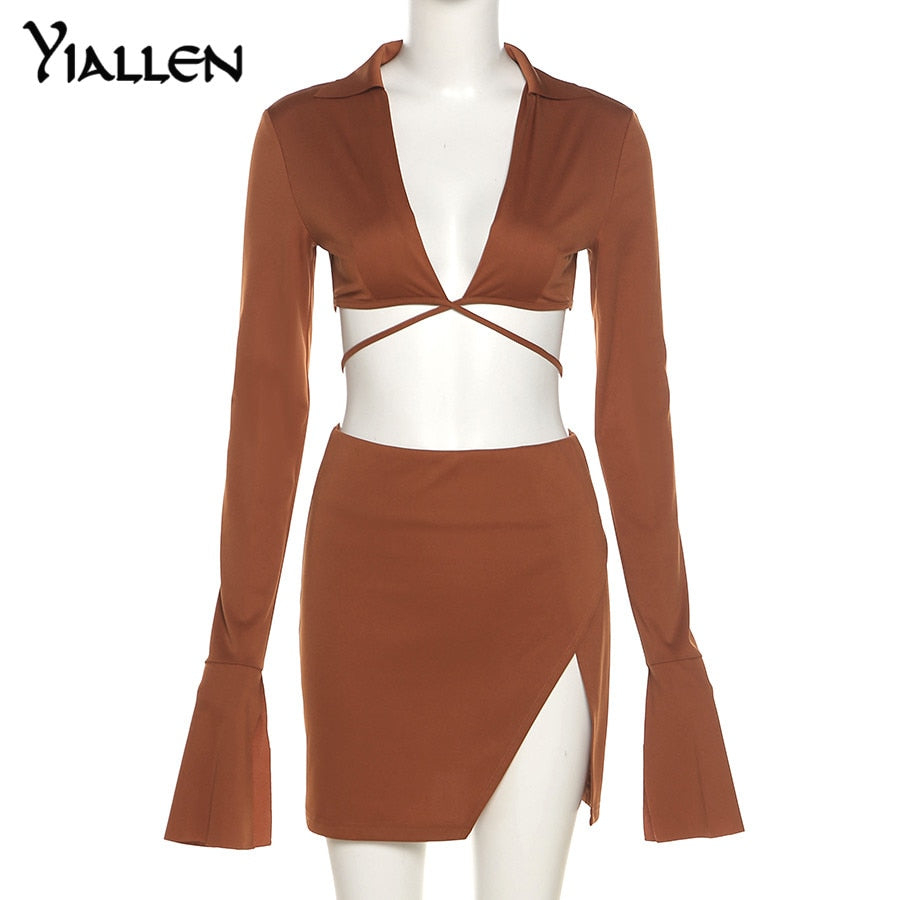 Summer  V Neck Long Sleeve Lace Up Short Top And High Waist Mini Skirt Sexy Street Two Piece Set The Clothing Company Sydney