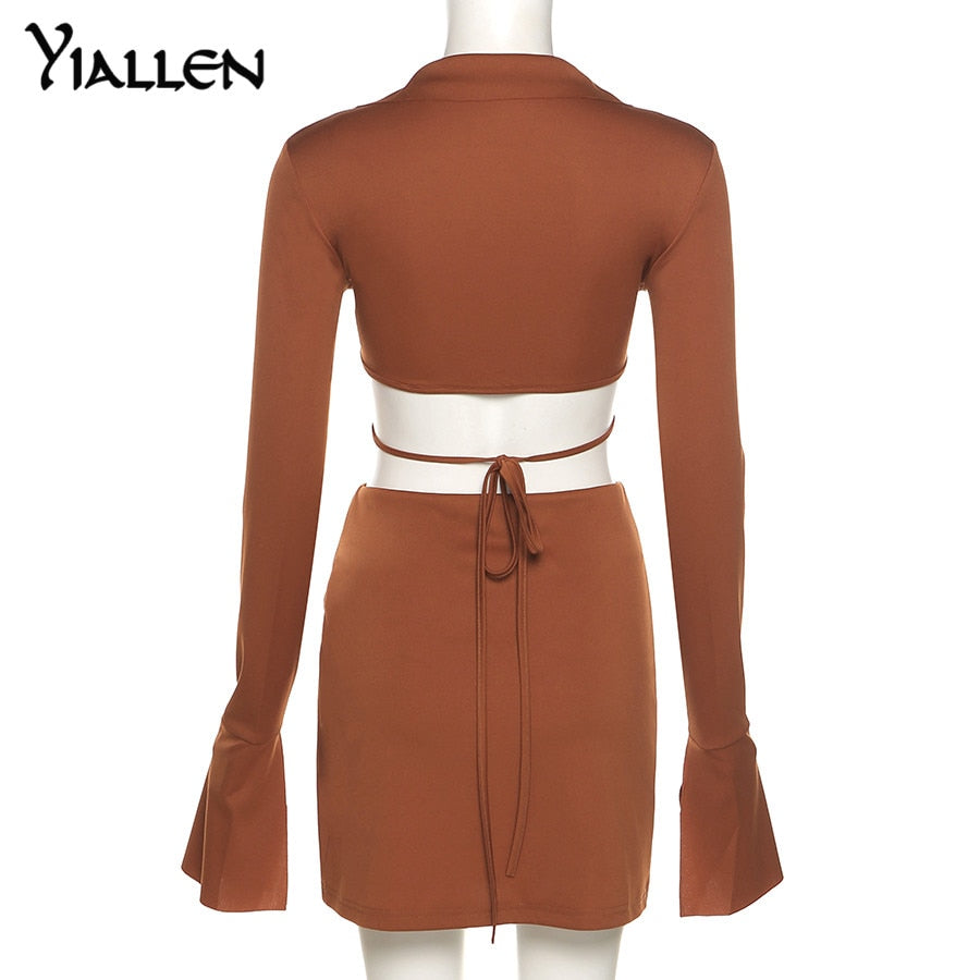 Summer  V Neck Long Sleeve Lace Up Short Top And High Waist Mini Skirt Sexy Street Two Piece Set The Clothing Company Sydney