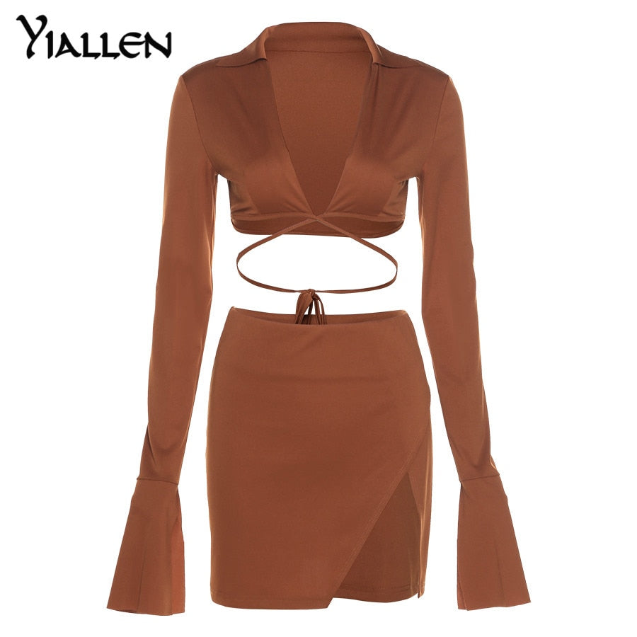 Summer V Neck Long Sleeve Lace Up Short Top And High Waist Mini Skirt Sexy Street Two Piece Set The Clothing Company Sydney