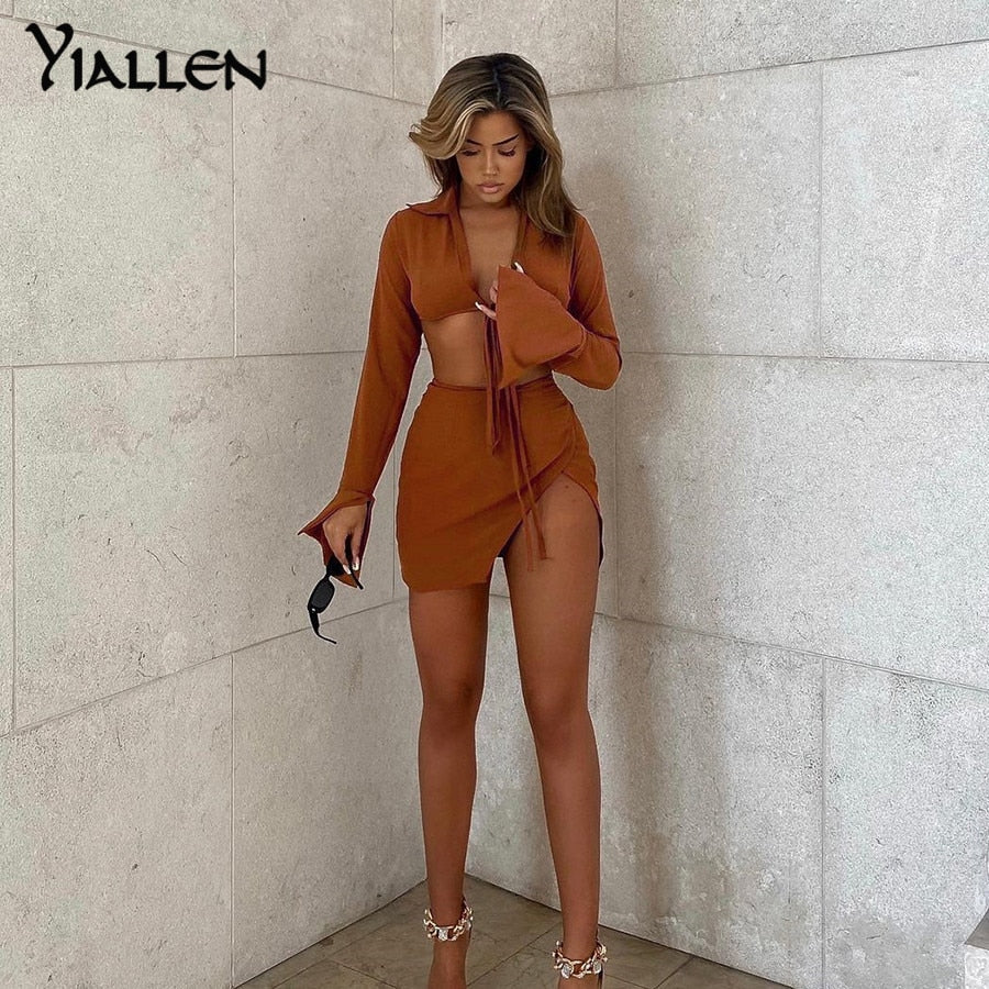 Summer V Neck Long Sleeve Lace Up Short Top And High Waist Mini Skirt Sexy Street Two Piece Set The Clothing Company Sydney