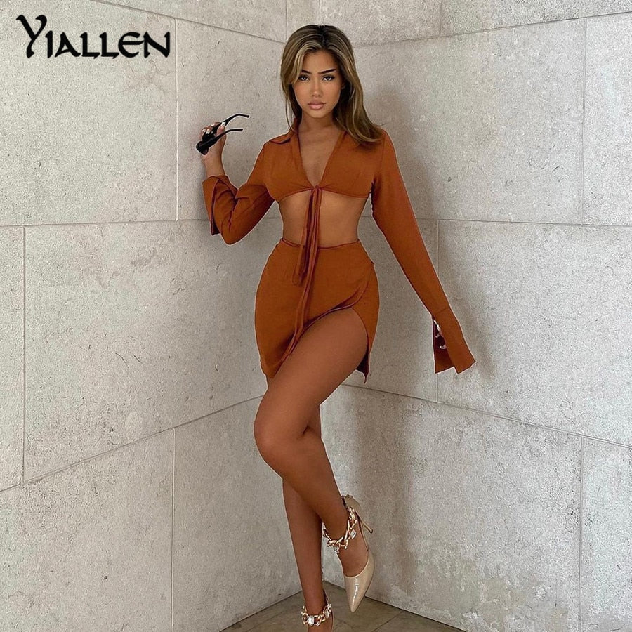 Summer  V Neck Long Sleeve Lace Up Short Top And High Waist Mini Skirt Sexy Street Two Piece Set The Clothing Company Sydney