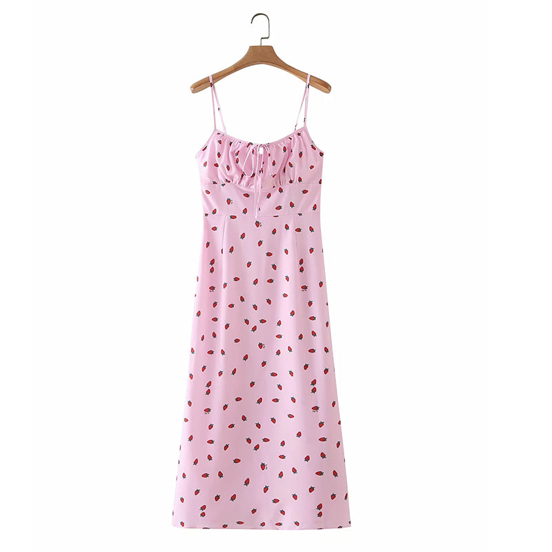Strawberry Print White Chiffon Spaghetti Strap Vintage Boho Summer Beach Maxi Dress Sleeveless Sundress The Clothing Company Sydney