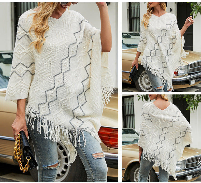 Autumn Winter Sweaters Poncho Knitting Capes Cloak Sweater V-Neck Irregular Hem Tassels Coat Striped Knitted Pullover The Clothing Company Sydney