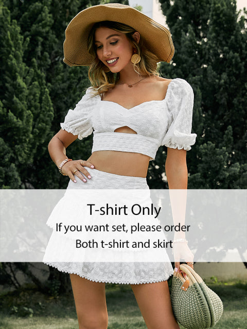 Simplee Holiday puff short sleeve square collar women skirt set white Summer a-line ruffle lace up suit Hollow out two piece set The Clothing Company Sydney