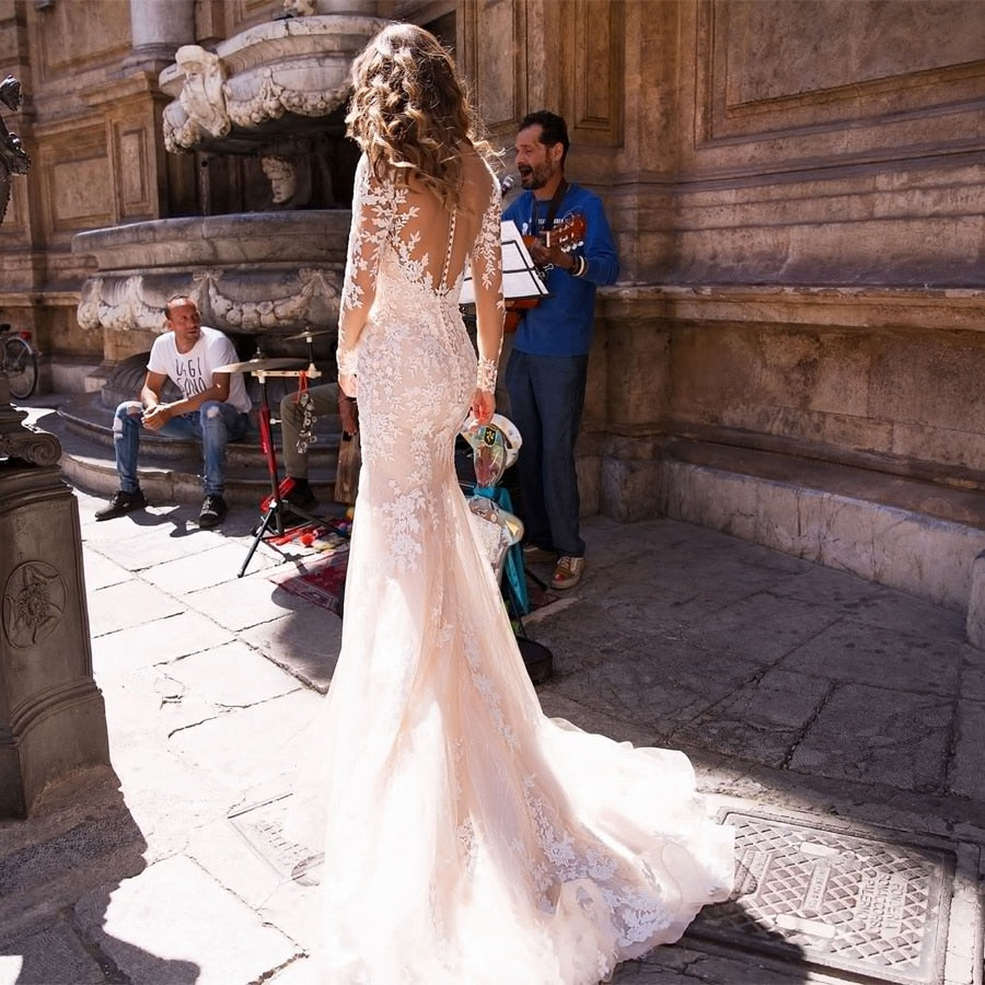 Lace V Neck Mermaid Bride Gowns Long Sleeves Flower Appliques Robe Elegant Wedding Dress The Clothing Company Sydney